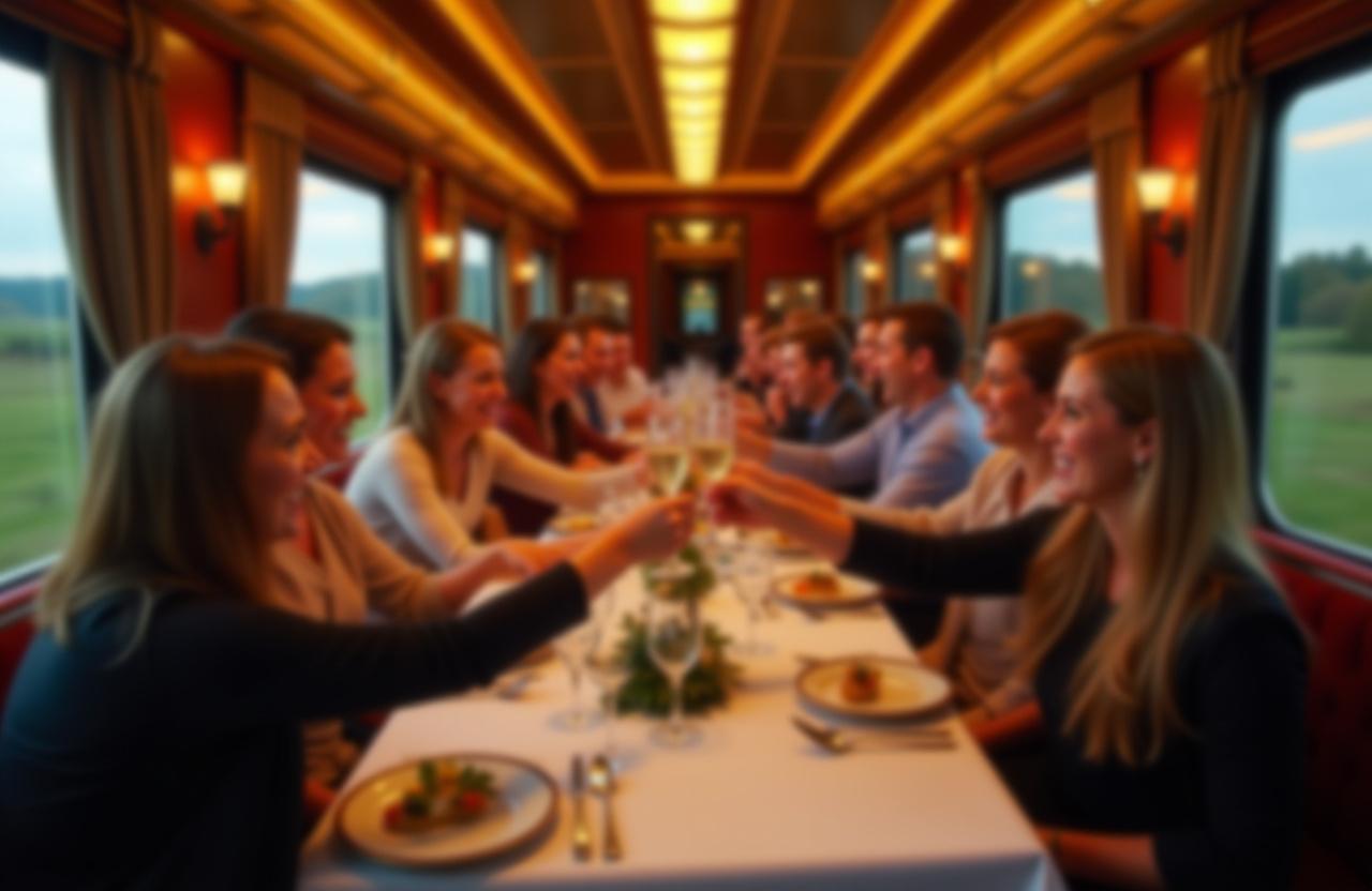 Private train charter with group celebration